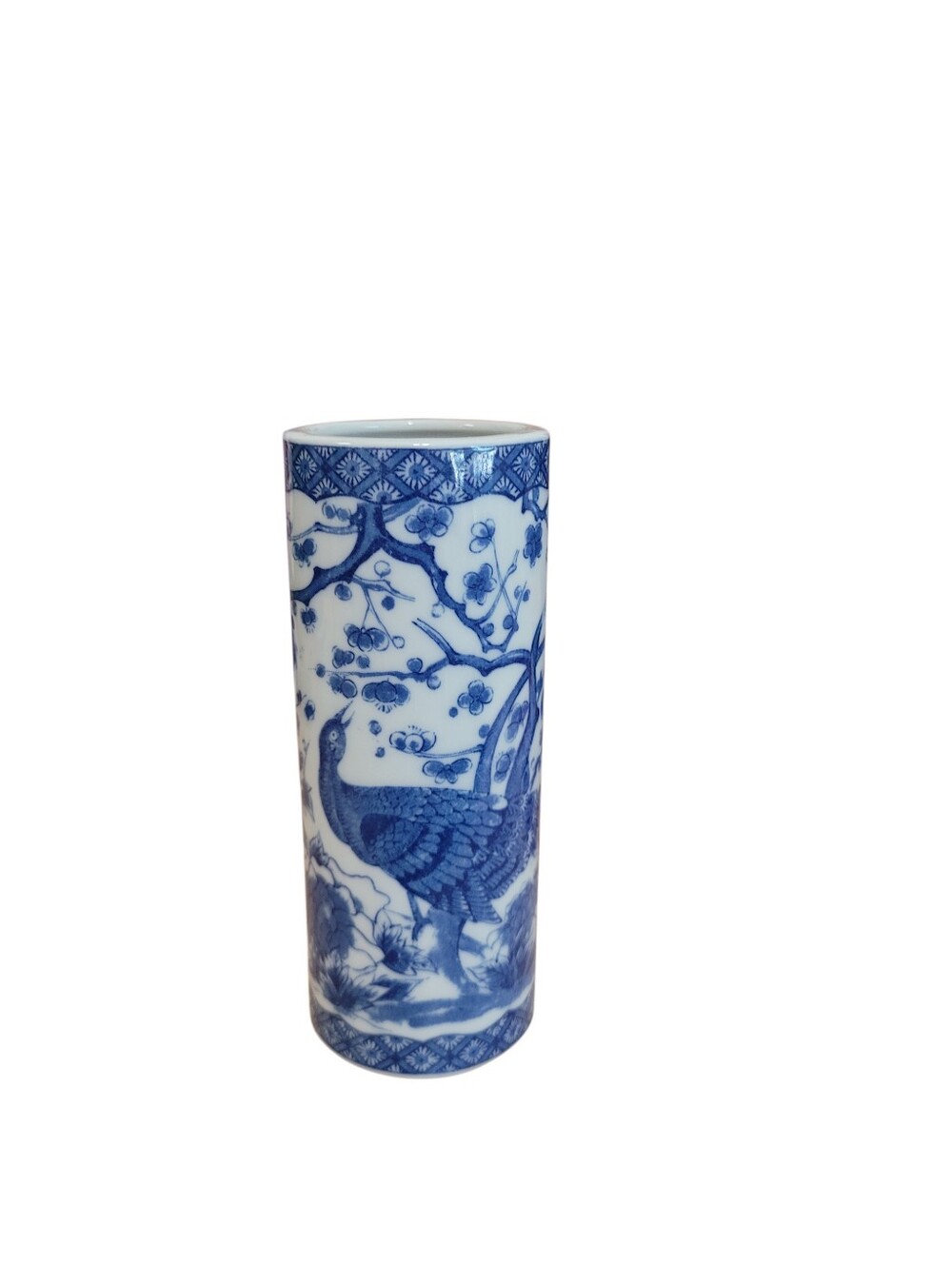Vintage Blue and White Porcelain Cylinder Vase Bird Floral Made In Japan 6 In